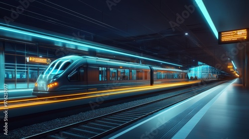 Modern Train Departing Station at Night.