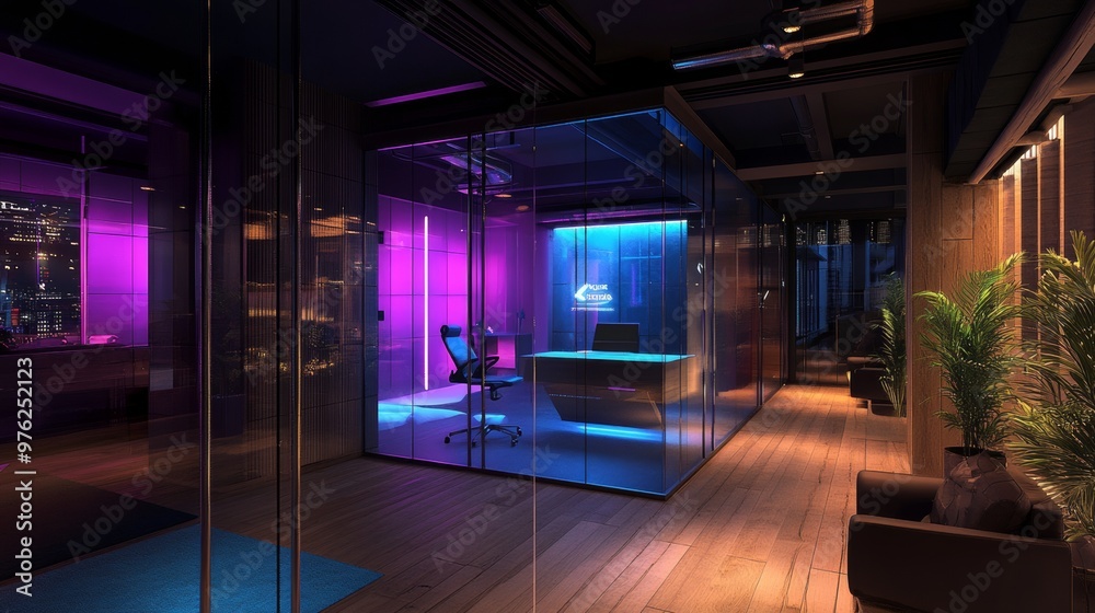Modern Office Interior Design with Glass Walls and Neon Lights. Modern Office Interior Design with Glass Walls and Neon Lights.