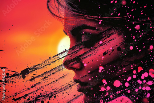 Side profile of a woman with abstract paint splashes at sunset photo