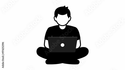 man with laptop sitting. Concept illustration for working, freelancing, . Vector illustration in flat cartoon style stock illustration, silhouette black color 