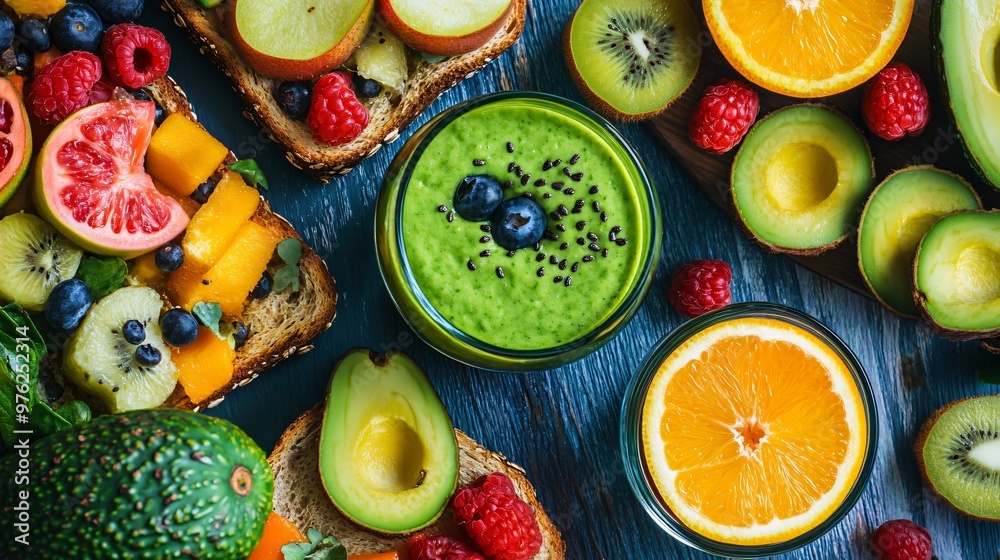 Top view of a smoothie with avocado, orange, kiwi, raspberries, and blueberries. Top view of a smoothie with avocado, orange, kiwi, raspberries, and blueberries.