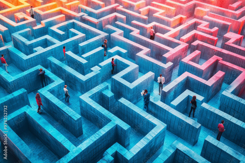 Creative business concept presented as maze, showcasing individuals navigating through complex structure. vibrant colors and intricate design evoke sense of challenge and exploration