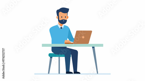 man sitting with laptop in the table wearing office dress. Concept illustration for working, work from home