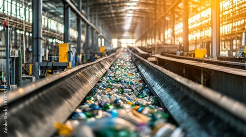 Conveyor Belt of Plastic Bottles at a Recycling Facility.