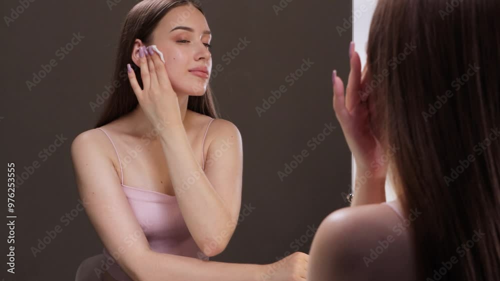 A young beautiful girl removes makeup with a cotton pad and micellar water from her face and eyes. A young beautiful girl removes makeup with a cotton pad and micellar water from her face and eyes.