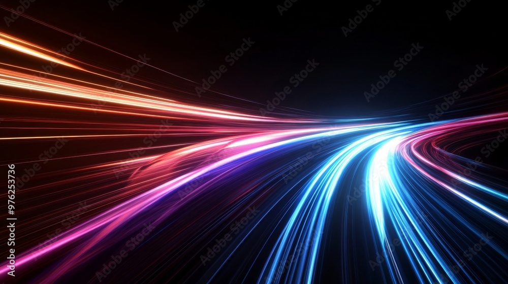Abstract representation of optical data transmission using glowing lines over a dark background. Abstract representation of optical data transmission using glowing lines over a dark background.