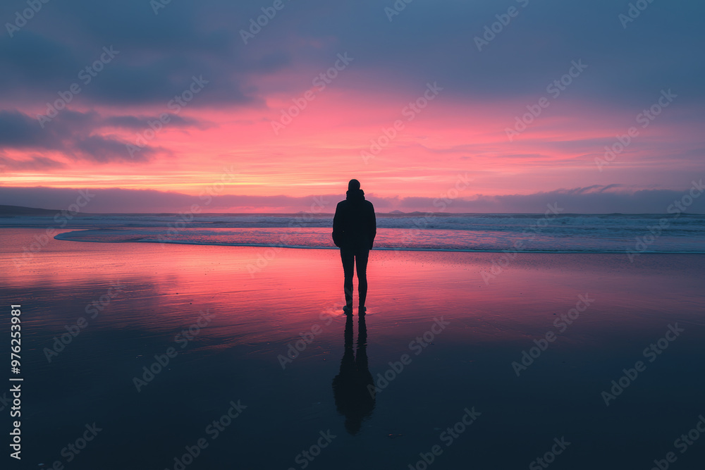 A person standing on beach at dawn, silhouetted against vibrant pink and purple sky, reflecting on wet sand. serene atmosphere evokes sense of calm and introspection A person standing on beach at dawn, silhouetted against vibrant pink and purple sky, reflecting on wet sand. serene atmosphere evokes sense of calm and introspection