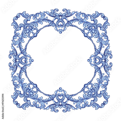 Round Watercolor Floral Frame in Indigo Colors. Can be used as decal, design for tiles, fabric, interior. Capri Majolica	