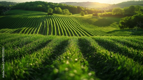 Rolling Green Hills with Sunlit Grass.