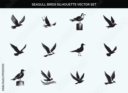 Black Seagull Bird Silhouette Vector Illustration with Editable Transparent Background