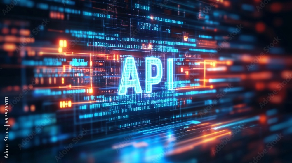 Abstract high-tech visuals and binary sequences highlight API in the middle of a digital technology backdrop. Abstract high-tech visuals and binary sequences highlight API in the middle of a digital technology backdrop.