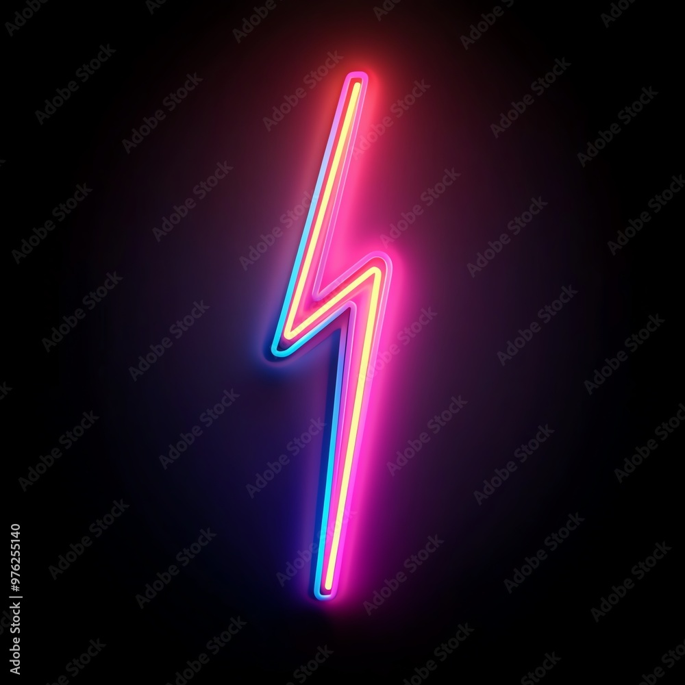 A vibrant neon lightning bolt in shades of pink and blue against a black background, perfect for adding energy to your design. A vibrant neon lightning bolt in shades of pink and blue against a black background, perfect for adding energy to your design.