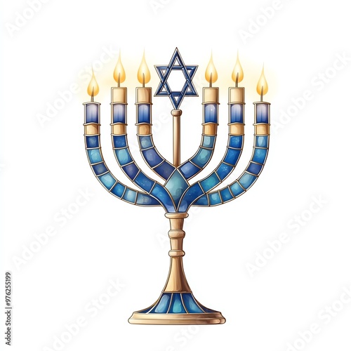 A beautifully designed menorah with blue accents and glowing candles, symbolizing light and tradition in Jewish culture. photo