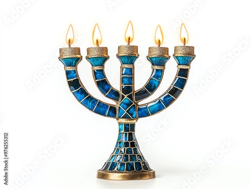 A beautiful menorah featuring a blue mosaic design and five lit candles, perfect for celebrations and festive decorations. photo