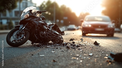 An intense accident scene depicting the aftermath of a severe crash between a motorcycle and a car, showing scattered debris on the street. photo