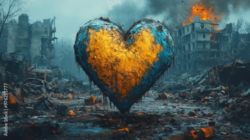 A large, weathered heart symbol stands amidst a war-torn landscape. photo