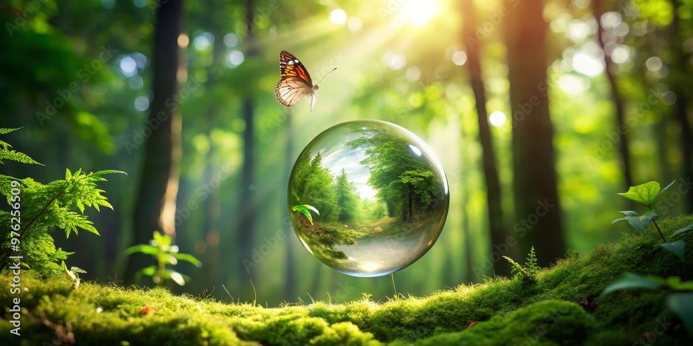 A Crystal Sphere Encapsulating a Sunlit Forest with a Butterfly, Photography, Crystal Ball, Nature, Forest, Butterfly, Nature Photography A Crystal Sphere Encapsulating a Sunlit Forest with a Butterfly, Photography, Crystal Ball, Nature, Forest, Butterfly, Nature Photography