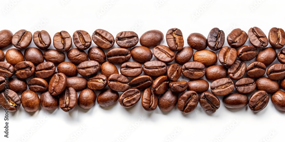 A Line of Roasted Coffee Beans on White Background, roasted coffee beans, coffee beans, coffee A Line of Roasted Coffee Beans on White Background, roasted coffee beans, coffee beans, coffee