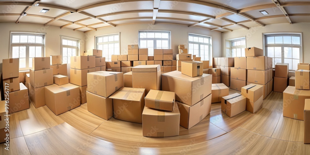 A Room Full of Cardboard Boxes, 360-degree Panorama, Wide Angle Lens, Moving Day, Storage, Relocation, Cardboard A Room Full of Cardboard Boxes, 360-degree Panorama, Wide Angle Lens, Moving Day, Storage, Relocation, Cardboard