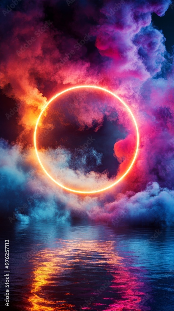 Neon circle amidst colorful clouds reflecting on water