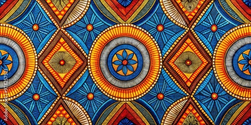 Abstract Geometric Pattern with Vibrant Colors, Circles, Diamonds, and Ethnic Motifs, African, Ethnic, Geometric