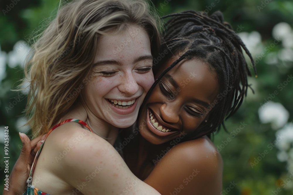 Two women are hugging each other in a park, generative ai image Two women are hugging each other in a park, generative ai image
