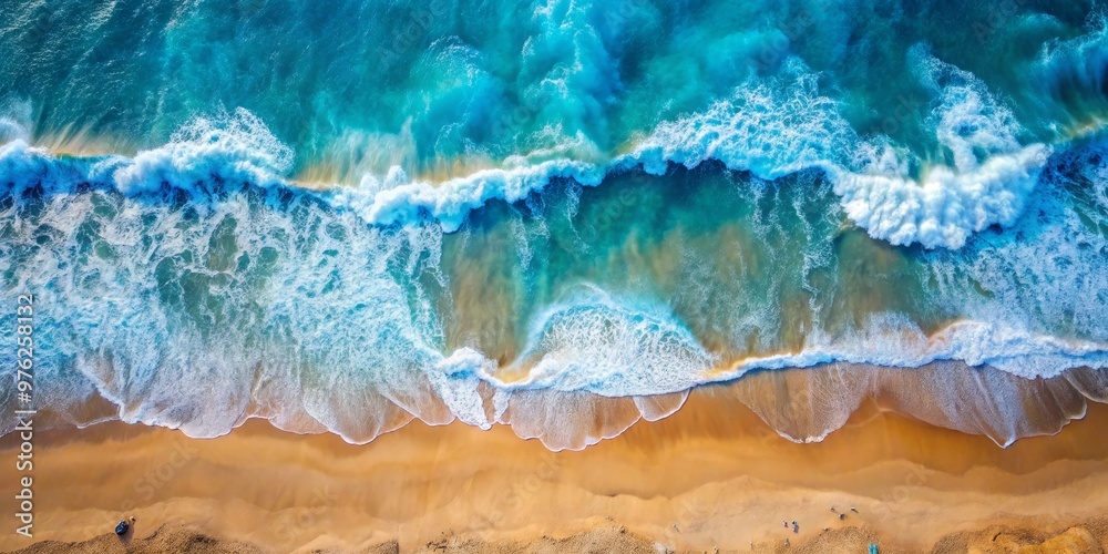 Aerial View of Turquoise Waves Crashing on Golden Sand Beach, Drone Photography, Coastal Landscape, Ocean Waves, Beach Scene, Vacation, Summer Aerial View of Turquoise Waves Crashing on Golden Sand Beach, Drone Photography, Coastal Landscape, Ocean Waves, Beach Scene, Vacation, Summer