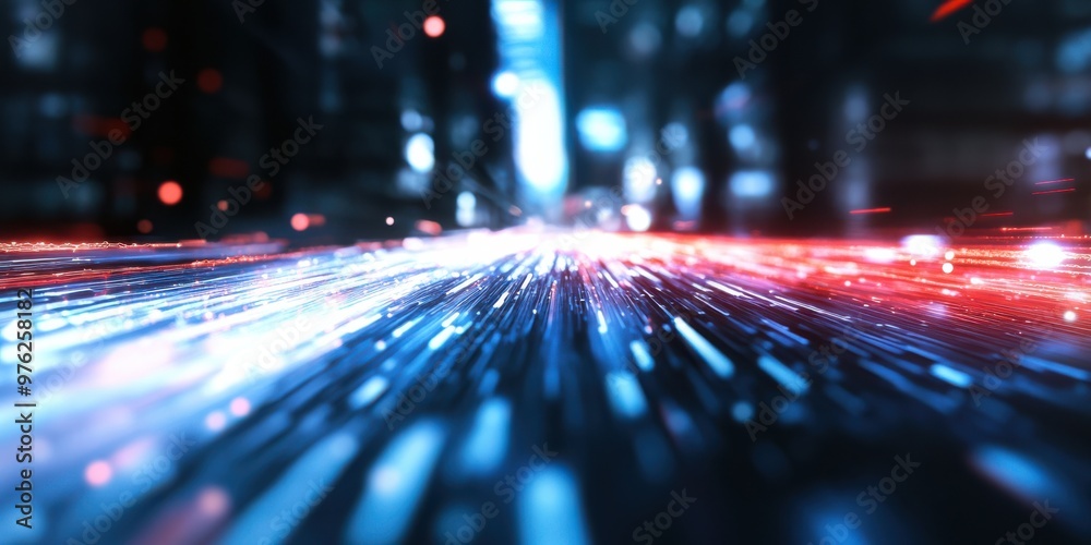 An abstract visual representation of streaking lights in motion, combining blue and red tones to create a dynamic sense of speed and movement, evoking futuristic concepts.