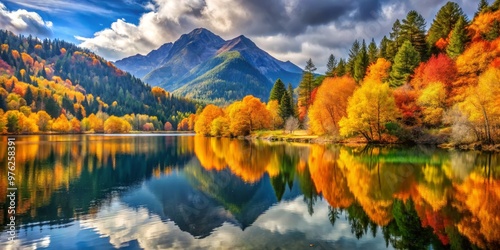 Autumnal Reflection in a Mountain Lake, Fall Foliage, Lake Reflection, Mountain Landscape