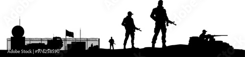 Vektor Silhouetten - Soldaten vor einem Camp - Radarstation Militär - Radarstation zur Luftüberwachung - Einsatz und Sicherheit