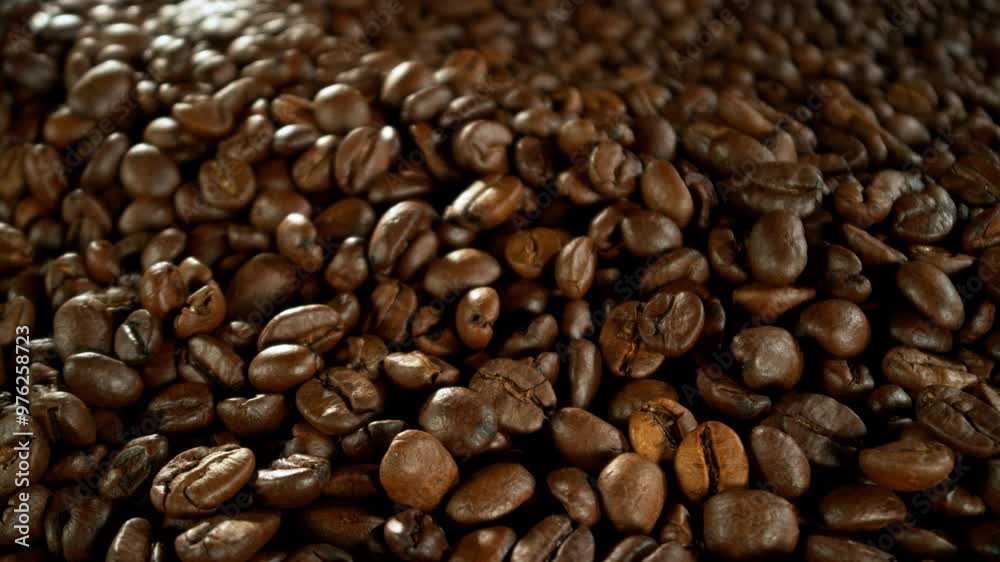 Super Slow Motion of Whole Roasted Coffee Beans in Roastery Mill , Filmed on High Speed Cinematic Camera at 1000 FPS Super Slow Motion of Whole Roasted Coffee Beans in Roastery Mill , Filmed on High Speed Cinematic Camera at 1000 FPS