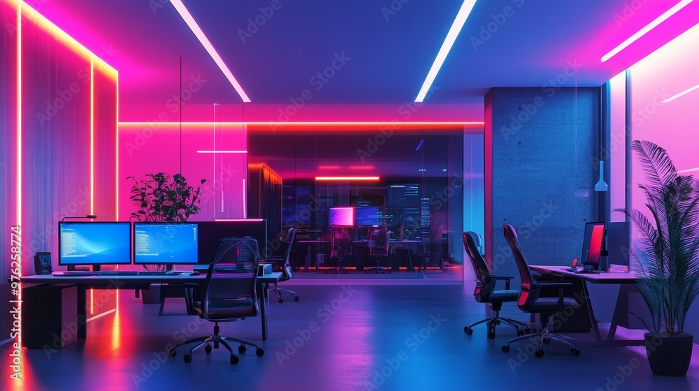 Modern office interior design with neon lighting. Modern office interior design with neon lighting.