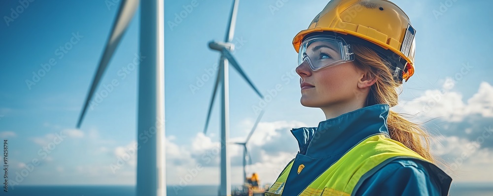 Closeup of a wind turbine rotor being inspected by a technician in highvisibility gear, under a bright blue sky, showcasing sustainable technology Closeup of a wind turbine rotor being inspected by a technician in highvisibility gear, under a bright blue sky, showcasing sustainable technology