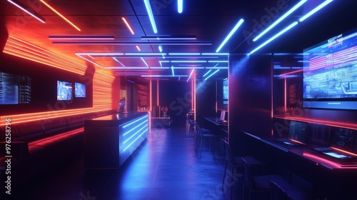 Futuristic Neon Interior with Red and Blue Lighting.