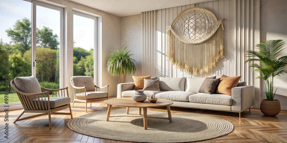 Bohemian Living Room with Macrame Wall Decor and Circular Rug, living room, bohemian, macrame Bohemian Living Room with Macrame Wall Decor and Circular Rug, living room, bohemian, macrame