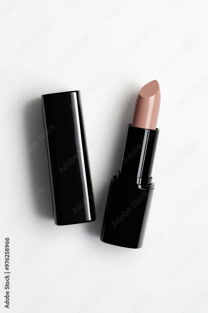 Obraz premium Lipstick with black container, elegant nude shade, isolated on white background, minimalistic design, makeup concept