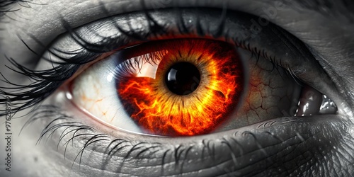 Burning Eye Close-up of a human eye with a fiery inferno within the iris, surrounded by black eyelashes and a grayscale skin tone, digital art, surreal, fiery eye, burning iris, inferno gaze photo