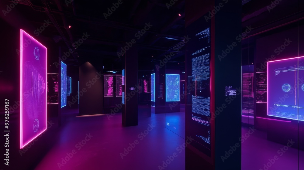 Futuristic Neon Corridor with Digital Art Displays. Futuristic Neon Corridor with Digital Art Displays.