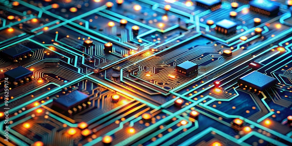 Circuit Board with Glowing Lines and Components, Technology, Electronics, Digital Circuit Board with Glowing Lines and Components, Technology, Electronics, Digital