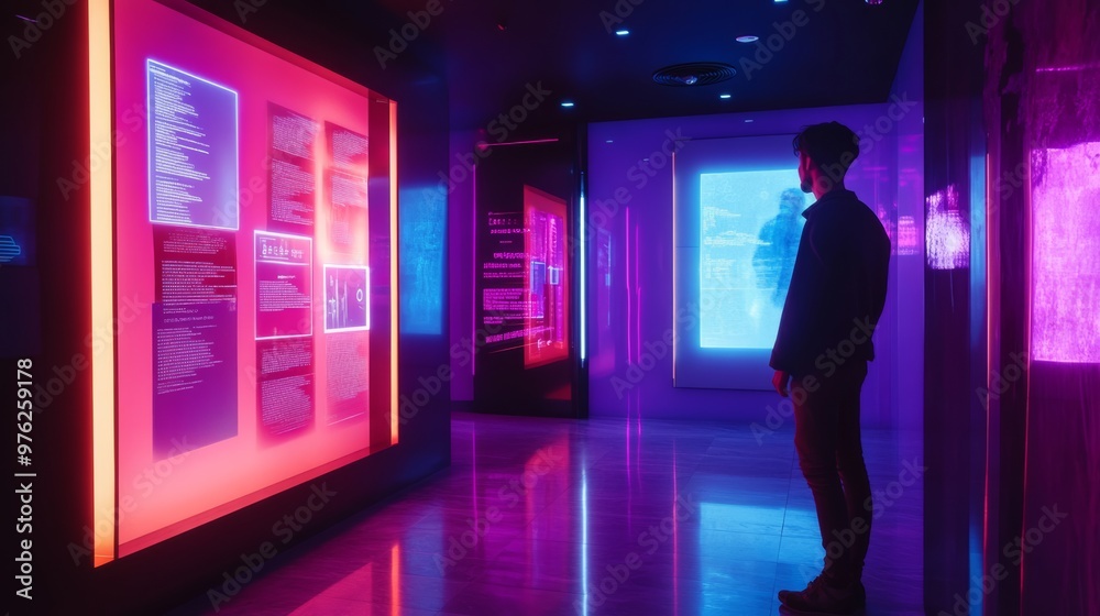 Man Standing in a Room with Neon Lights. Man Standing in a Room with Neon Lights.