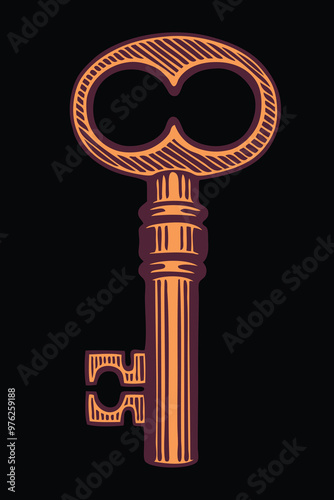 An ancient golden key. Editable hand drawn illustration. Vector vintage engraving. Isolated on black background. 8 EPS