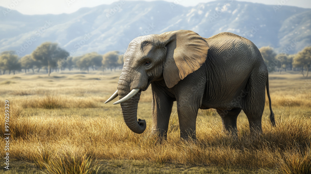 Obraz premium adult elephant standing in a grassy savanna with mountains in the background. The elephant has large tusks, wrinkled skin, and big ears, set against a serene natural landscape