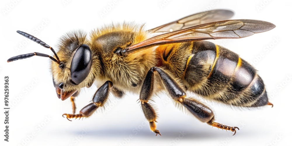 Close-up of a Honeybee in Flight, Isolated on White, Macro Photography, Insect Anatomy, Pollination, bee, insect Close-up of a Honeybee in Flight, Isolated on White, Macro Photography, Insect Anatomy, Pollination, bee, insect