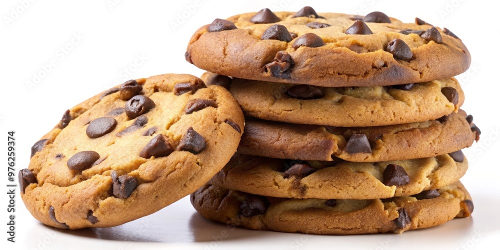 Close-up of a Stack of Delicious Chocolate Chip Cookies, White Background, Bakery, Dessert, Sweet Treats, Chocolate Chip Cookies Close-up of a Stack of Delicious Chocolate Chip Cookies, White Background, Bakery, Dessert, Sweet Treats, Chocolate Chip Cookies