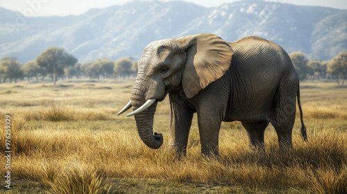 adult elephant standing in a grassy savanna with mountains in the background. The elephant has large tusks, wrinkled skin, and big ears, set against a serene natural landscape