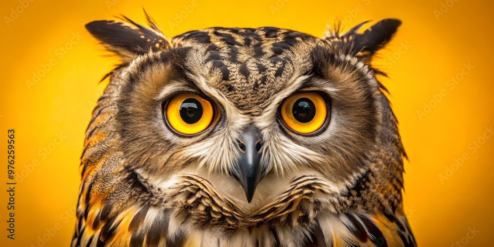 Obraz premium Close-up Portrait of a Eurasian Eagle-Owl with Yellow Eyes, Composition Close-up, Image Details Sharp focus on eyes, Concept Wild and Majestic, Owl, Bird, Raptor