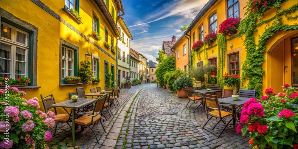 Fototapeta premium Cobblestone Street Cafe with Vibrant Flowers, Colorful Buildings and a Sunny Sky, Germany, cafe, europe, cobblestone
