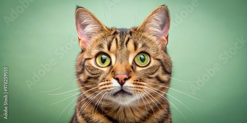 Close-Up Portrait of a Tabby Cat with Green Eyes, Green Background, Front View, Feline Portrait, Pet Photography, Cat , cat eyes