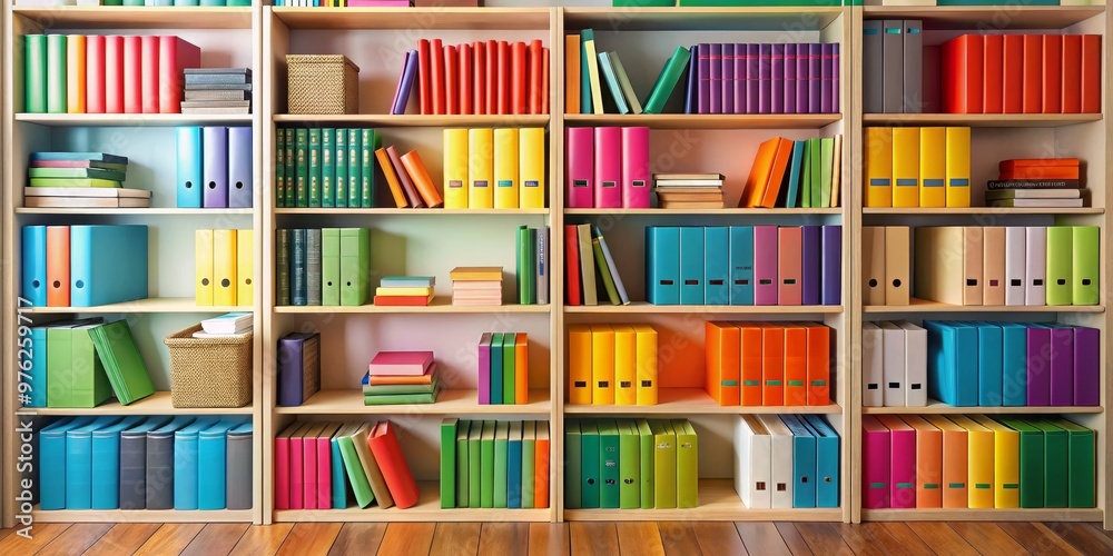 Colorful Books and Folders on Bookshelf, book, folder, organization Colorful Books and Folders on Bookshelf, book, folder, organization
