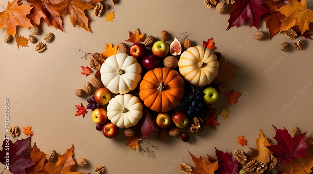 Fototapeta premium A festive Thanksgiving background featuring pumpkins, apples, and various autumn fruits in warm, inviting colors. 